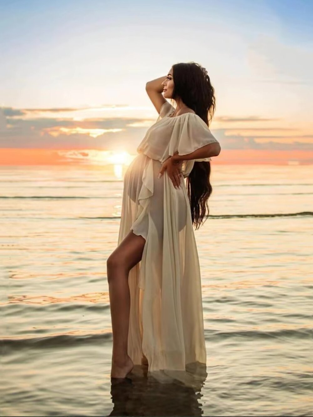 Off Shoulder Backless Ruffle Side Slit Chiffon Photoshoot Maternity Maxi Dress